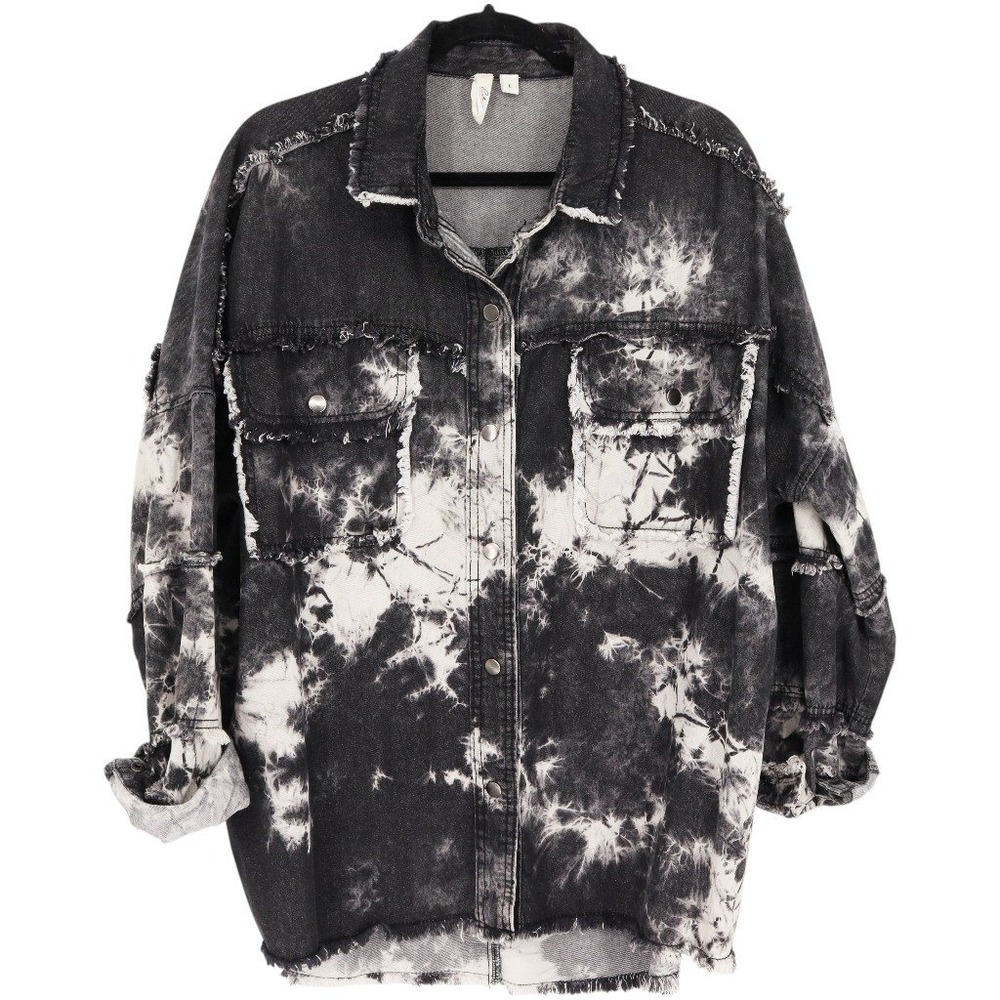 Elan Dari Rock & Roll Tie Dye Denim Shacket Size L Black White Frayed Oversized